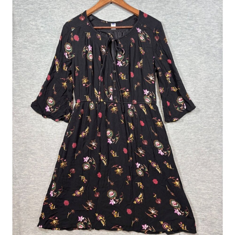 Old Navy Womens Black Floral Midi Dress M Bell Sleeve Swing